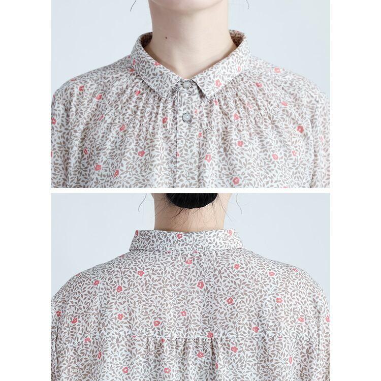 【新作】【送料無料】 シャーリングボタニカルブラウス 2色 M L 洗える 長袖 レディース トップス ブラウス チュニック 小さめ衿 スモールカラー とろみ素材 |  | 13