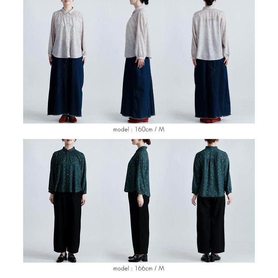 【新作】【送料無料】 シャーリングボタニカルブラウス 2色 M L 洗える 長袖 レディース トップス ブラウス チュニック 小さめ衿 スモールカラー とろみ素材 |  | 15