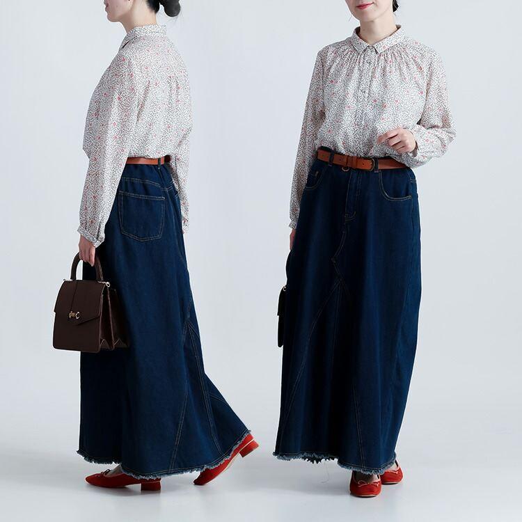 【新作】【送料無料】 シャーリングボタニカルブラウス 2色 M L 洗える 長袖 レディース トップス ブラウス チュニック 小さめ衿 スモールカラー とろみ素材 |  | 05