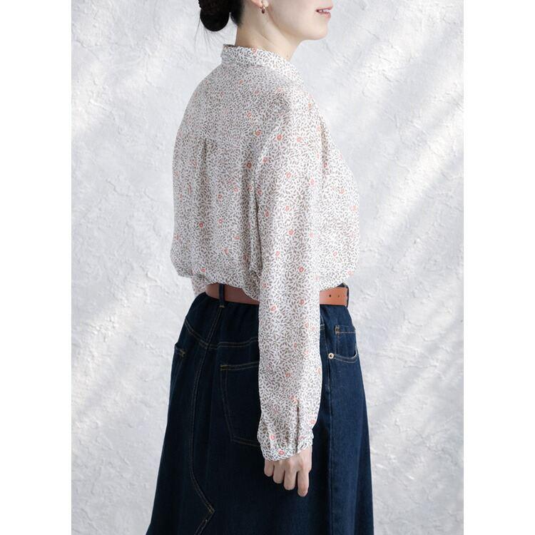 【新作】【送料無料】 シャーリングボタニカルブラウス 2色 M L 洗える 長袖 レディース トップス ブラウス チュニック 小さめ衿 スモールカラー とろみ素材 |  | 06