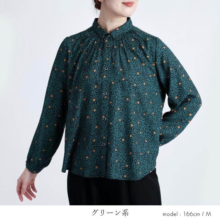 【新作】【送料無料】 シャーリングボタニカルブラウス 2色 M L 洗える 長袖 レディース トップス ブラウス チュニック 小さめ衿 スモールカラー とろみ素材 |  | 09