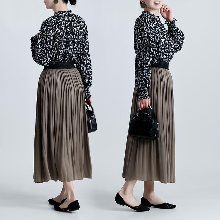 【新作】【送料無料】 モダン柄シャーリングブラウス 3色 M L 洗える 長袖 レディース トップス ブラウス チュニック スタンドカラー フリル衿 とろみ素材 |  | 12