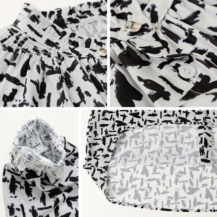 【新作】【送料無料】 モダン柄シャーリングブラウス 3色 M L 洗える 長袖 レディース トップス ブラウス チュニック スタンドカラー フリル衿 とろみ素材 |  | 14