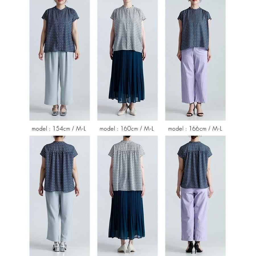 【送料無料】 幾何柄フレンチスリーブブラウス 2色 M L 洗える レディース トップス ブラウス チュニック 洗濯速乾 幾何柄 涼しい キレイめ お出かけ 春夏秋 |  | 19