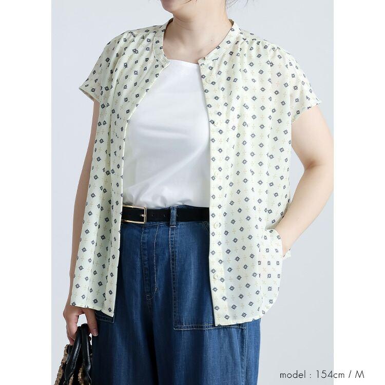 【送料無料】 小紋柄フレンチスリーブブラウス 2色 M L 洗える レディース トップス ブラウス チュニック 洗濯速乾 小紋柄 涼しい キレイめ お出かけ 春夏秋 |  | 11