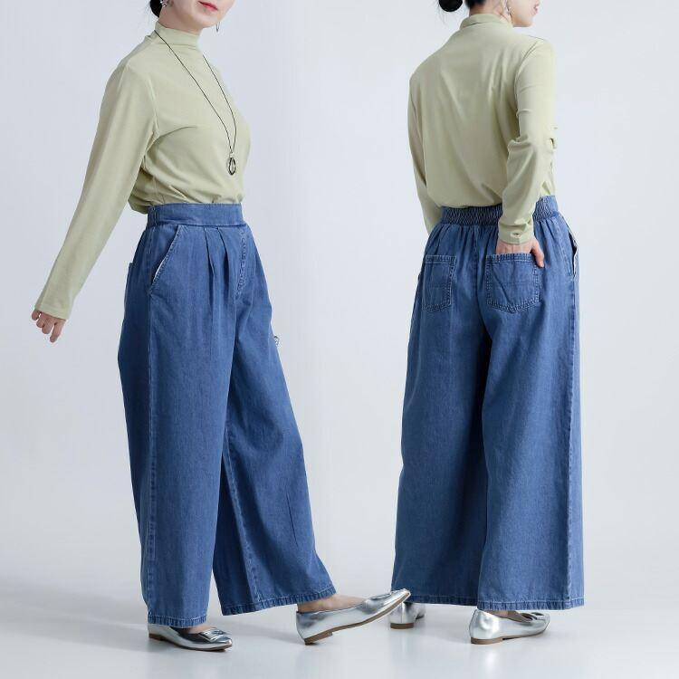 【準新作/送料無料】 タックワイドデニムパンツ 3色 M L 洗える レディース ボトムス パンツ ワイドパンツ デニム 楽ちん 綿100% 体型カバー 春夏秋冬 |  | 08