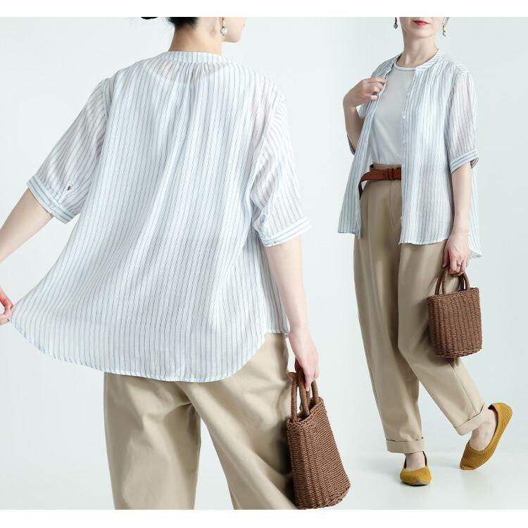 【新作】【送料無料】 バンドカラーシャツアンサンブル 2色 M L 洗える 軽量 五分袖 レディース トップス ブラウス インナー カットソー ノースリーブ 綿混 2136 |  | 11