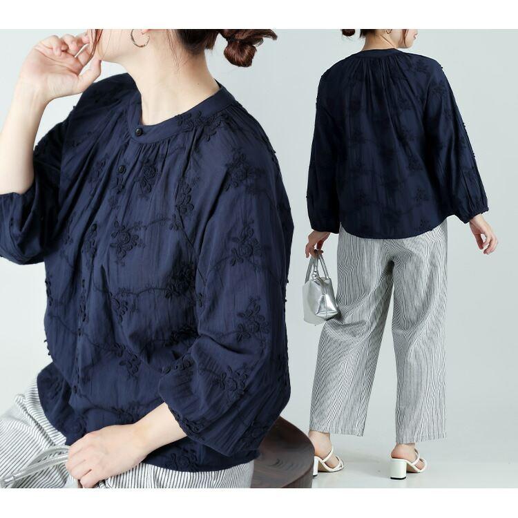 【送料無料】 3D刺繍ブラウス 3色 M L 洗える 長袖 綿100％ レディース トップス ブラウス 綿100％ コットン 刺繍 花柄 前開き 羽織り ぽわん袖 春夏秋 |  | 14