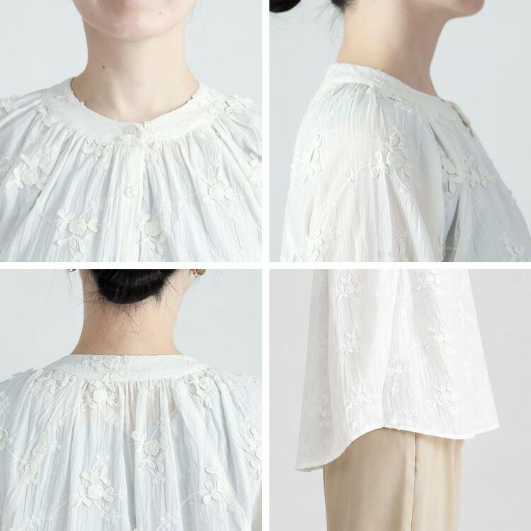 【送料無料】 3D刺繍ブラウス 3色 M L 洗える 長袖 綿100％ レディース トップス ブラウス 綿100％ コットン 刺繍 花柄 前開き 羽織り ぽわん袖 春夏秋 |  | 15