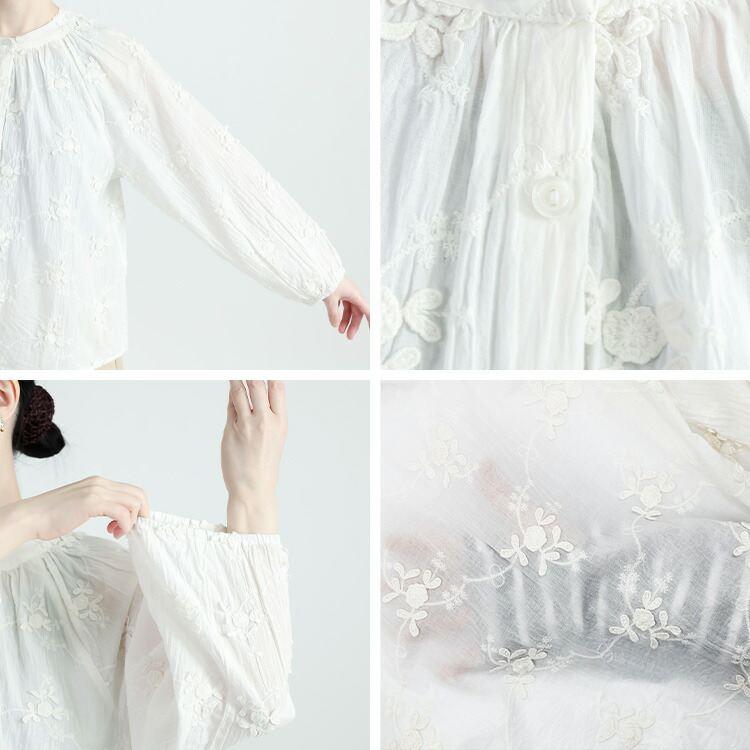 【送料無料】 3D刺繍ブラウス 3色 M L 洗える 長袖 綿100％ レディース トップス ブラウス 綿100％ コットン 刺繍 花柄 前開き 羽織り ぽわん袖 春夏秋 |  | 16