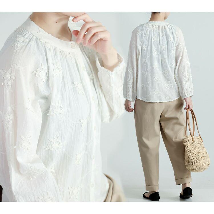 【送料無料】 3D刺繍ブラウス 3色 M L 洗える 長袖 綿100％ レディース トップス ブラウス 綿100％ コットン 刺繍 花柄 前開き 羽織り ぽわん袖 春夏秋 |  | 10