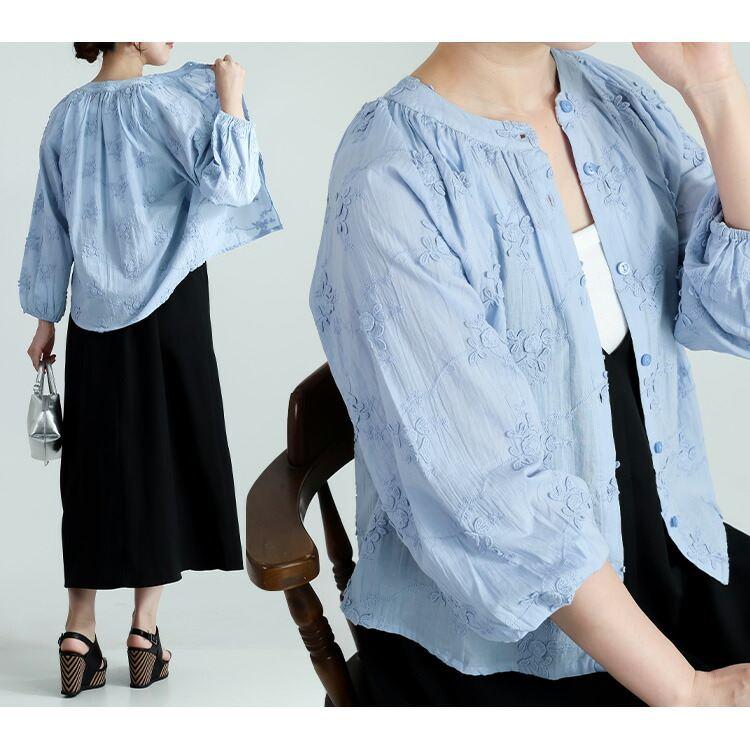 【送料無料】 3D刺繍ブラウス 3色 M L 洗える 長袖 綿100％ レディース トップス ブラウス 綿100％ コットン 刺繍 花柄 前開き 羽織り ぽわん袖 春夏秋 |  | 12