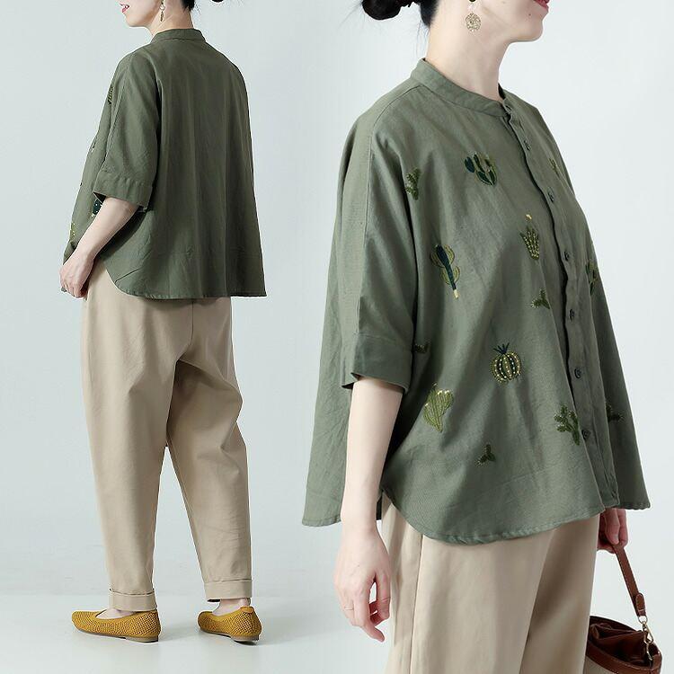 【新作/送料無料】 サボテン刺繍ブラウス 2色 M-L 洗える 五分袖 レディース トップス ブラウス シャツ コットン リネン 綿麻 刺繍 前開き バンドカラー 春夏秋 |  | 12