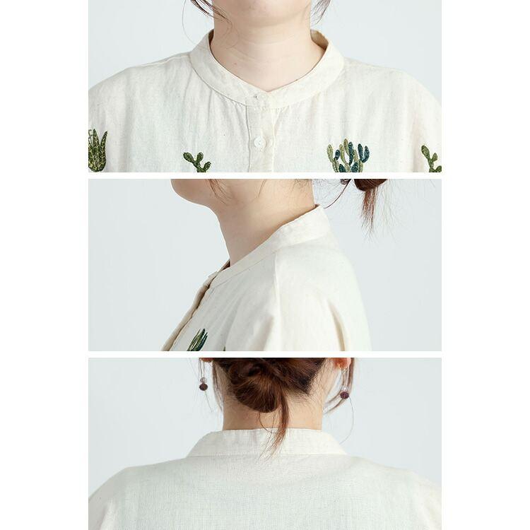 【新作/送料無料】 サボテン刺繍ブラウス 2色 M-L 洗える 五分袖 レディース トップス ブラウス シャツ コットン リネン 綿麻 刺繍 前開き バンドカラー 春夏秋 |  | 13