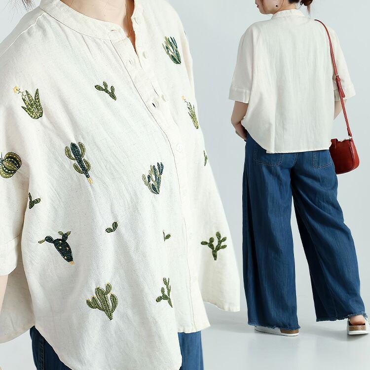 【新作/送料無料】 サボテン刺繍ブラウス 2色 M-L 洗える 五分袖 レディース トップス ブラウス シャツ コットン リネン 綿麻 刺繍 前開き バンドカラー 春夏秋 |  | 09