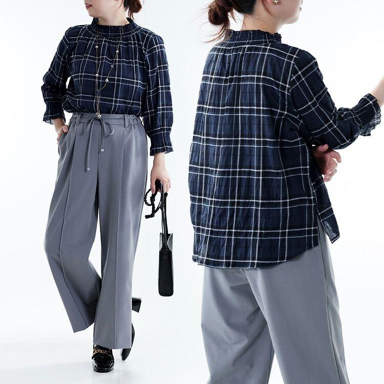 【新作】【送料無料】 格子柄シャーリングブラウス 3色 M L 洗える 七分袖 レディース トップス ブラウス スタンドネック ぽわん袖 綿混 コットン チェック柄 |  | 13