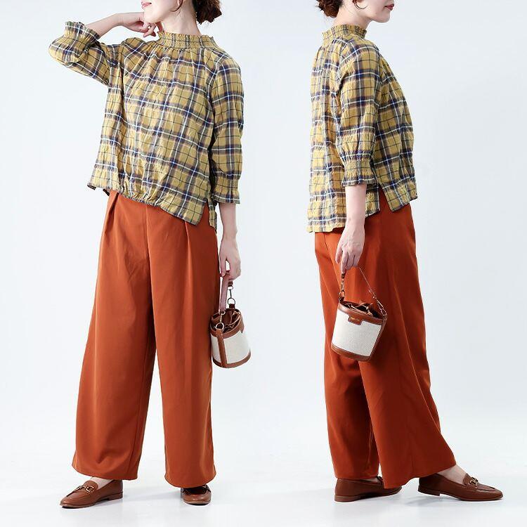 【新作】【送料無料】 格子柄シャーリングブラウス 3色 M L 洗える 七分袖 レディース トップス ブラウス スタンドネック ぽわん袖 綿混 コットン チェック柄 |  | 11