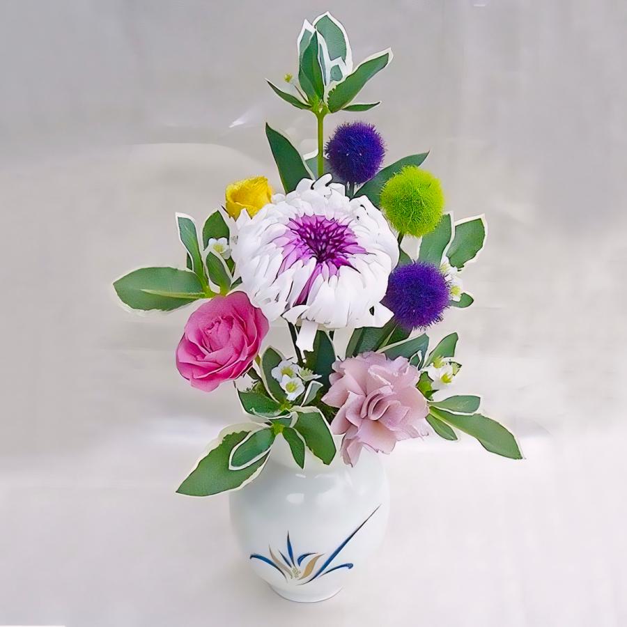 プリザーブドフラワーお供え花有田焼の花瓶付仏花輪菊とバラのアレンジ