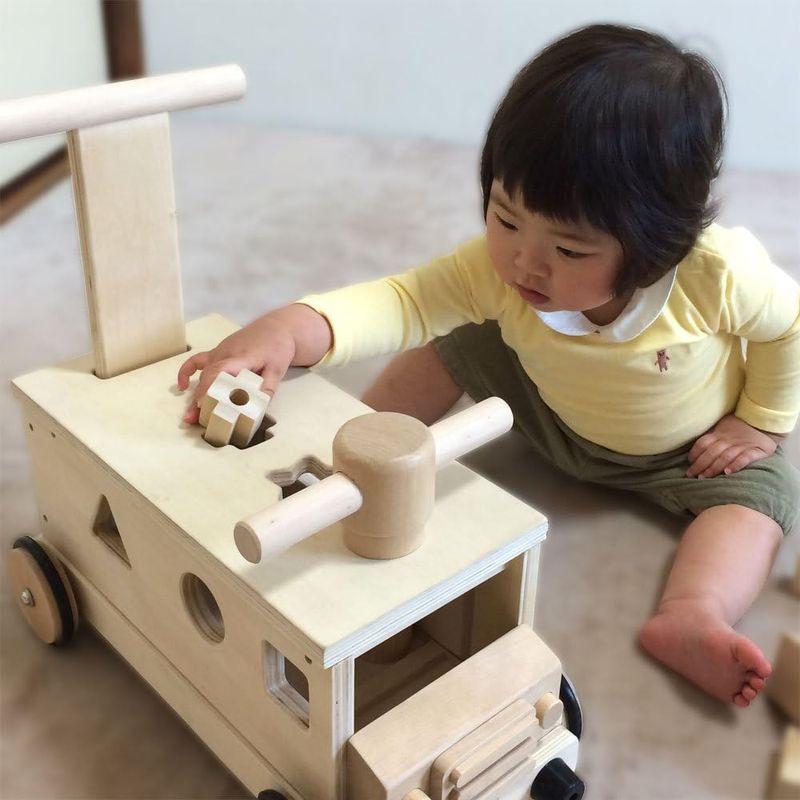 遊び方いろいろ　木製　ぶろっくバス　乗用　玩具　押し車　パズル　カタカタ