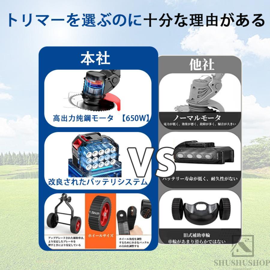 草刈機 充電式 電動草刈機 コードレス 草刈り機 替え刃 芝刈り機 8枚付き 21V コスパ抜群 刈払機 軽量 家庭用 安全 女性 雑草 車輪付き 角度調整 PSE認証｜clarity4c｜04