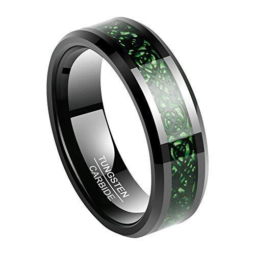 セットアップ 炭素繊維 メンズ リング 指輪 タングステン ドラゴン 12号  グリーン&ブラック 幅:8mm シンプル 平打ち 龍 指輪