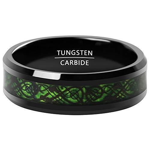魅力の メンズ リング 指輪 タングステン 炭素繊維 11号 グリーン ブラック 幅 8mm シンプル 平打ち 龍 ドラゴン 指輪