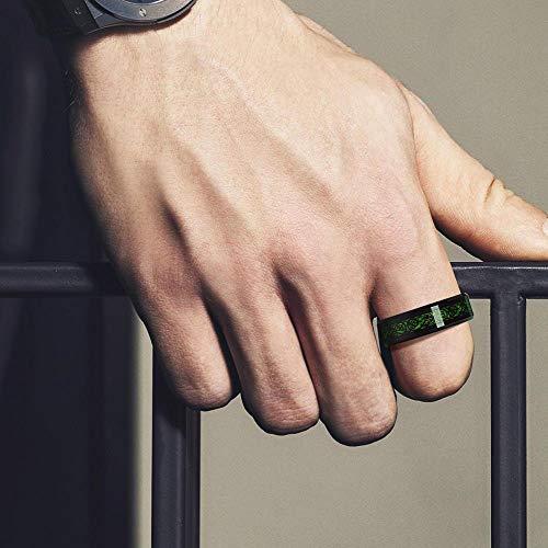 魅力の メンズ リング 指輪 タングステン 炭素繊維 11号 グリーン ブラック 幅 8mm シンプル 平打ち 龍 ドラゴン 指輪