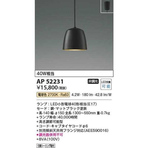 KOIZUMI（コイズミ） ペンダントライト ブラック LED(電球色) AP52231