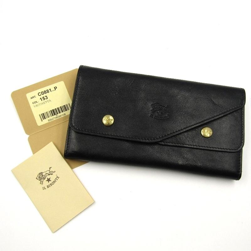 【美品】イルビゾンテ 長財布 レザー 黒 イタリア製 フラップ　ロングウォレット IL BISONTE 美品 イルビゾンテ 長財布 5442404140 ダブル