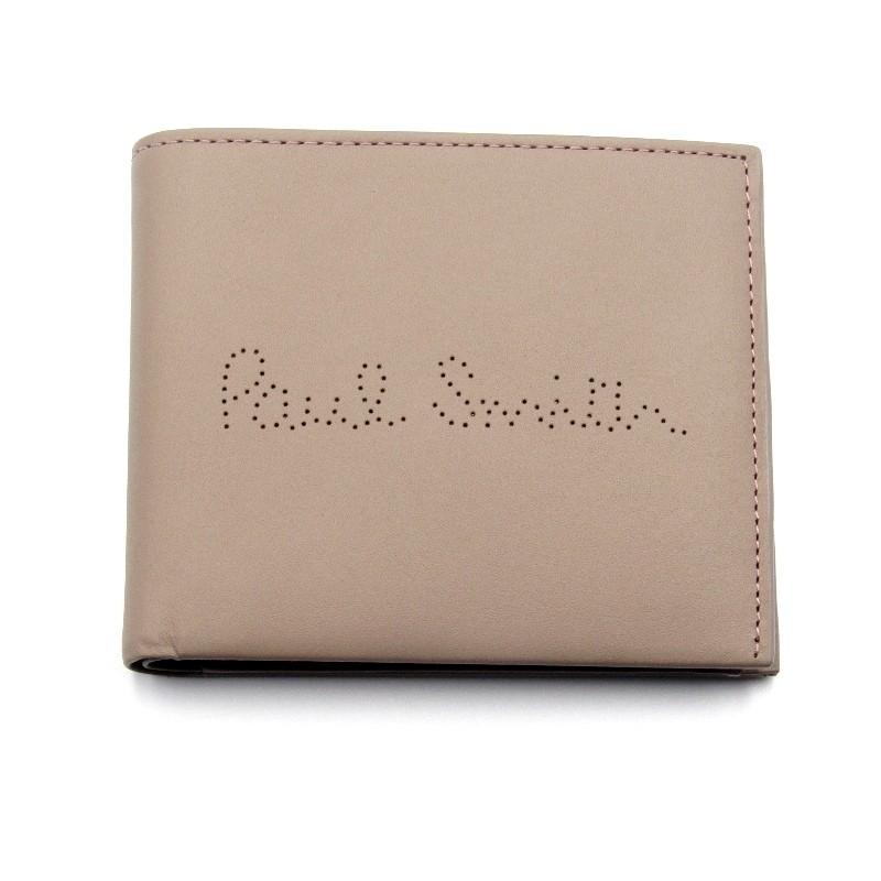 未使用 Paul Smith ポールスミス 二つ折り財布 レシートストーリー カーフ ロゴ パーフォレイト 873639 ベージュ レザー 革