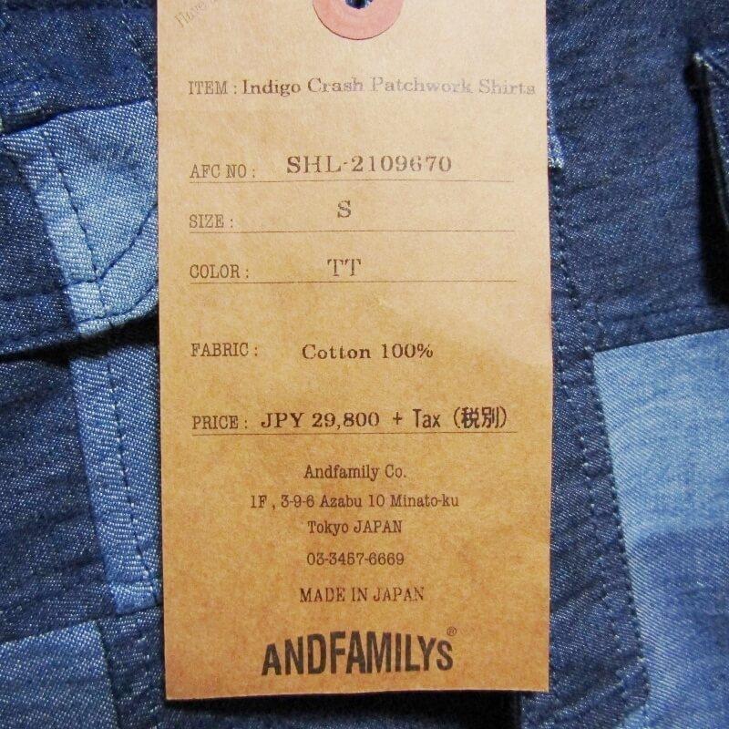 未使用 ANDFAMILYS アンドファミリー Indigo Crash Patchwork Shirts SHL-2109670 インディゴ