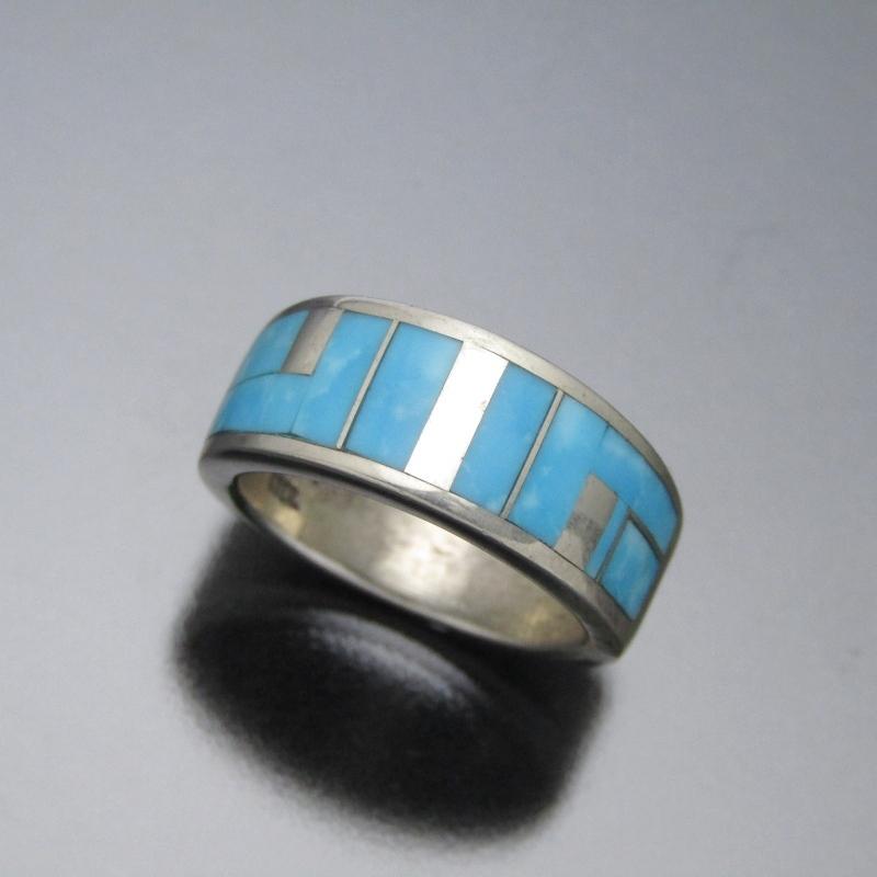 良品 Navajo ナバホ族 リング インレイ AT作 ターコイズ 良品 Navajo ナバホ族 リング インレイ AT作 ターコイズ