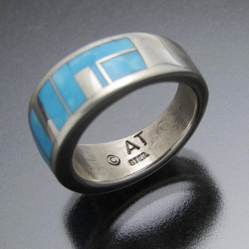 良品 Navajo ナバホ族 リング インレイ AT作 ターコイズ 良品 Navajo ナバホ族 リング インレイ AT作 ターコイズ
