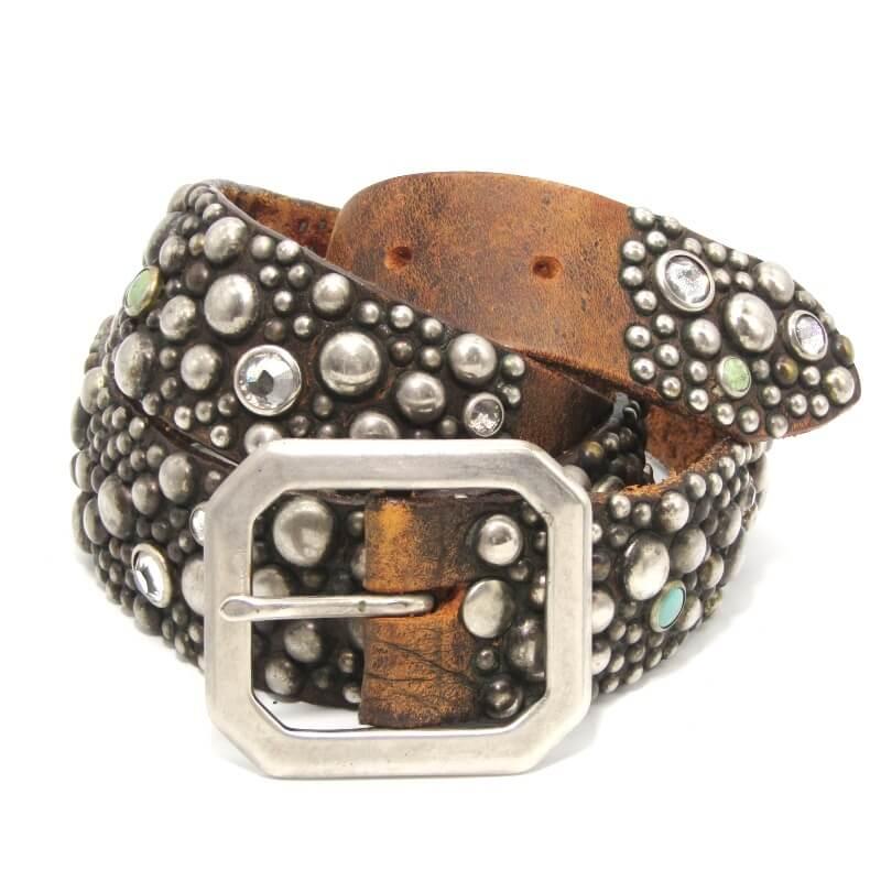 OLD STUD HANDMADE オールドスタッズ ベルト スタッズ ラウンド ストーン メンズ レディース 本革  ブラウン   28010902 | 