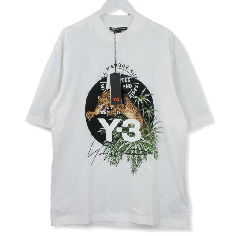 Yohji-yamamotoのイラスト付きホワイト半袖シャツ Y-3 ワイスリー 半袖Tシャツ CY6860-APP 18SS レオパード ビッグ