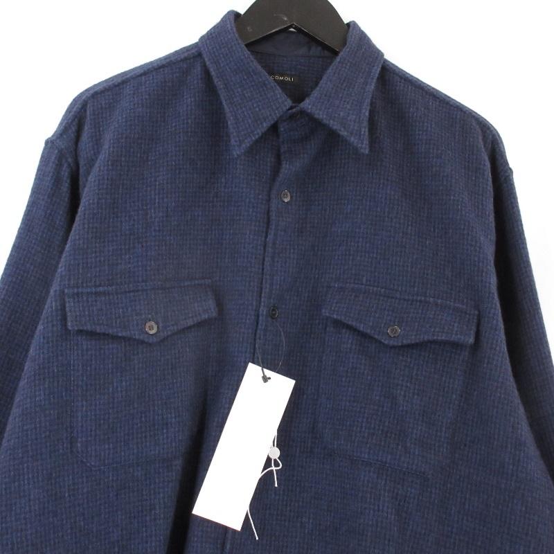 秋冬COMOLI コモリ ウール シャツ カシミヤ W/CA チェック ネイビー