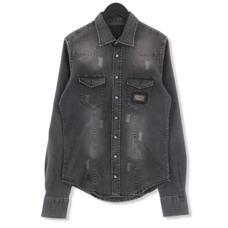 PHILIPP PLEIN フィリッププレイン 長袖デニムシャツ スカル ライン 