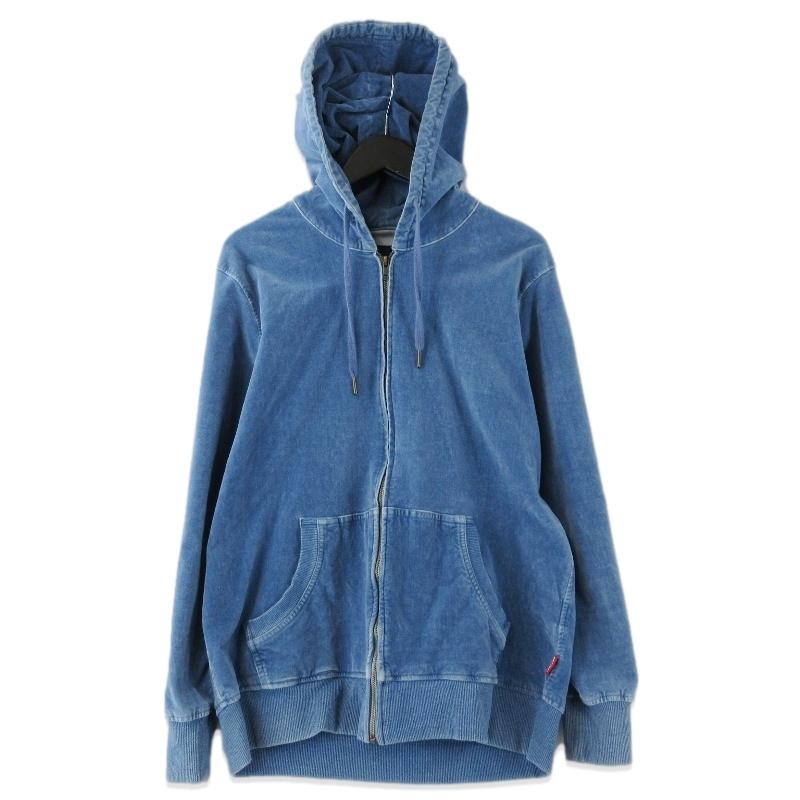 45R【インディゴ染め（ウォッシュ加工）／エルボーパッチ】ジップアップ•パーカー カットデニム パーカー メンズ ジップパーカー デニム