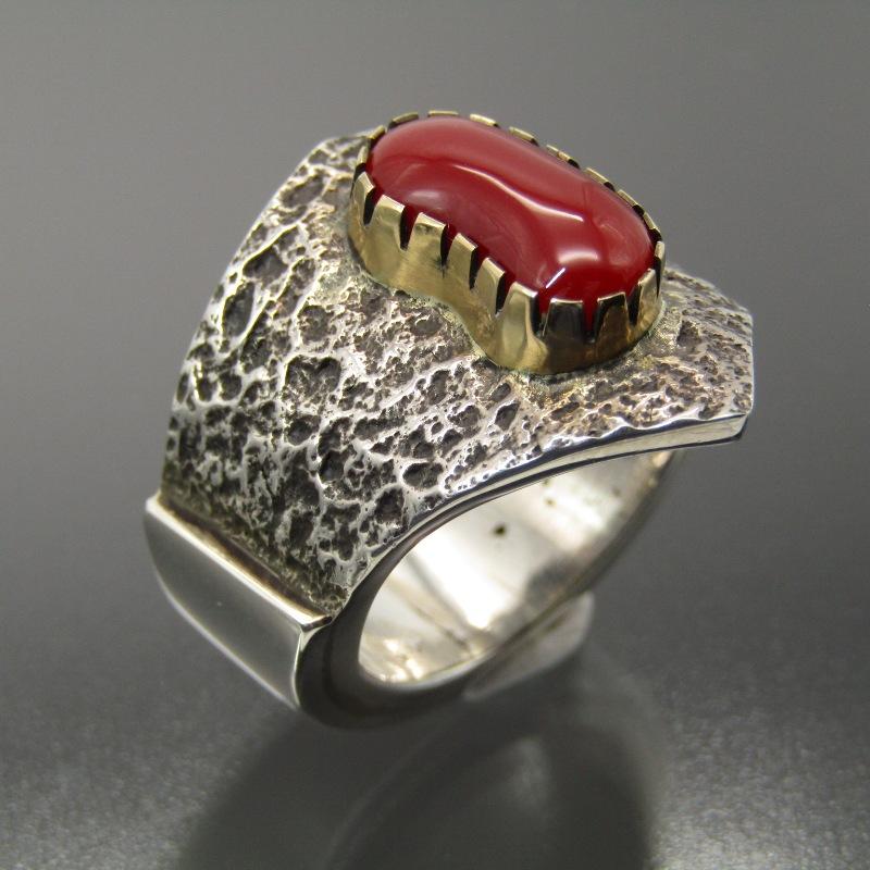 美品 Aaron Anderson ナバホ族 リング 土佐コーラル 金ベゼル アーロン