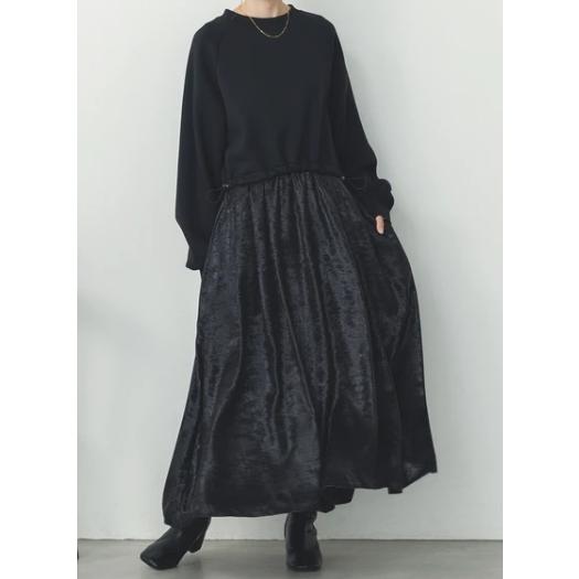 hunch ハンチ 裏起毛ドッキングワンピース ブラック 黒 レディース スウェット フレアスカート ニットワンピース 11号 9号 | hunch