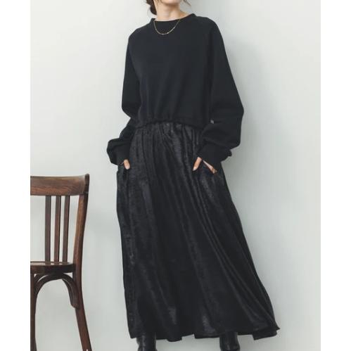 hunch ハンチ 裏起毛ドッキングワンピース ブラック 黒 レディース スウェット フレアスカート ニットワンピース 11号 9号 | hunch | 01