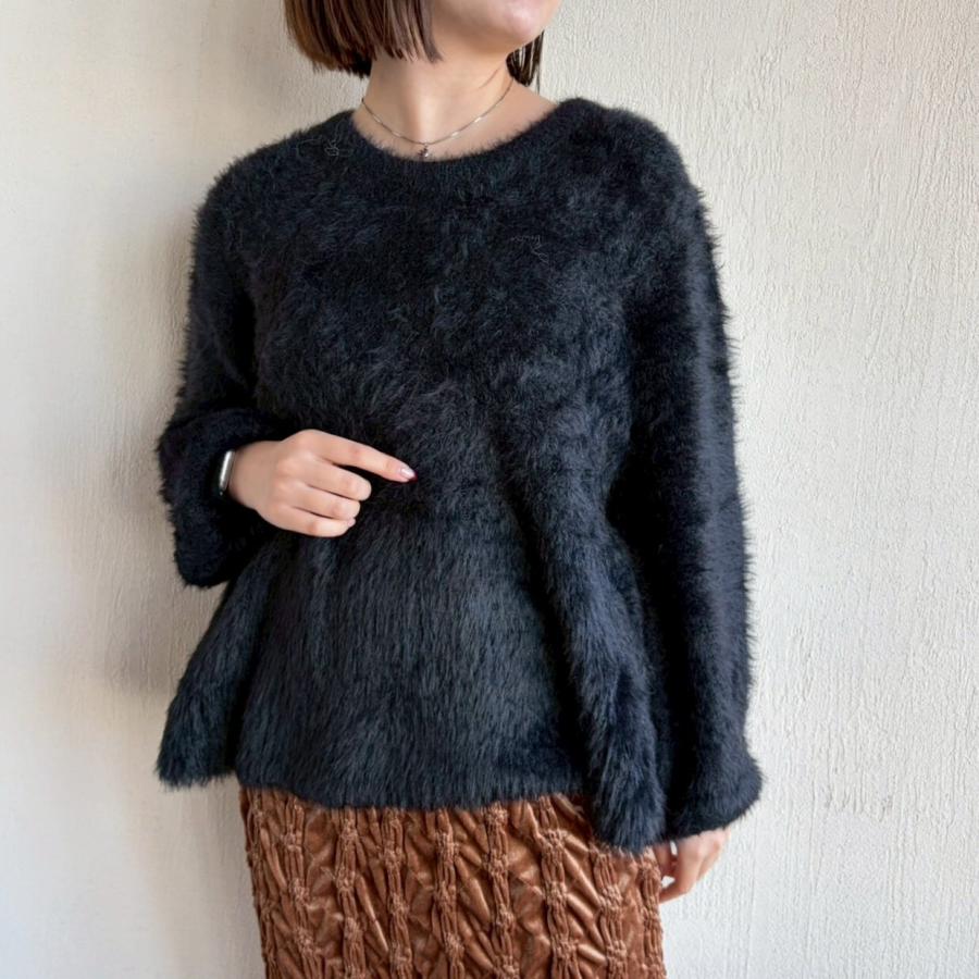 ZAMPAザンパ フェザーヤーンペプラムニット セーター レディース 丸首 クルーネック 長袖 ブラック 黒 大人 おしゃれ 新品 | ZAMPA