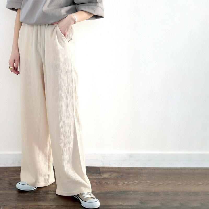 Gauze# ベージュ コットン ワイドパンツ