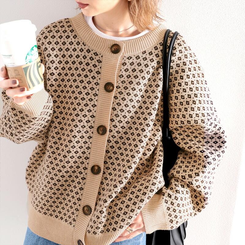 送料無料 レディース 大きいサイズ トップス カーディガン 前後２way 長袖 ジャガードニット ジャガード柄 レトロ 幾何学柄 配色デザイン ローゲージニット セ Ce Classical Elf Xxs 5lまで取扱 通販 Yahoo ショッピング