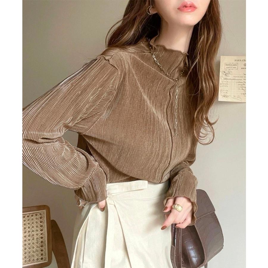 レディース 大きいサイズ トップス ブラウス カットソー プリーツ ハイネック メロー フリル 長袖 前後2way アプリコット ブラック ブラウン グレー | classicalelf | 03