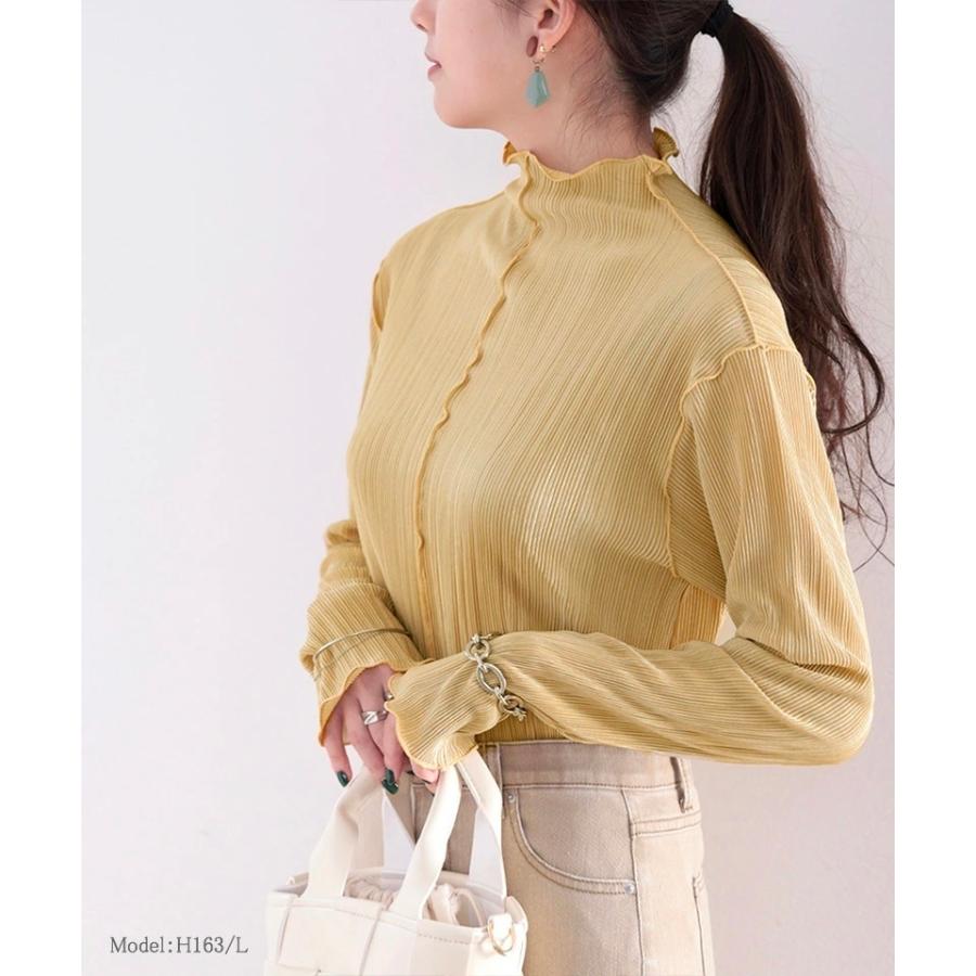 レディース 大きいサイズ トップス ブラウス カットソー プリーツ ハイネック メロー フリル 長袖 前後2way アプリコット ブラック ブラウン グレー | classicalelf | 09