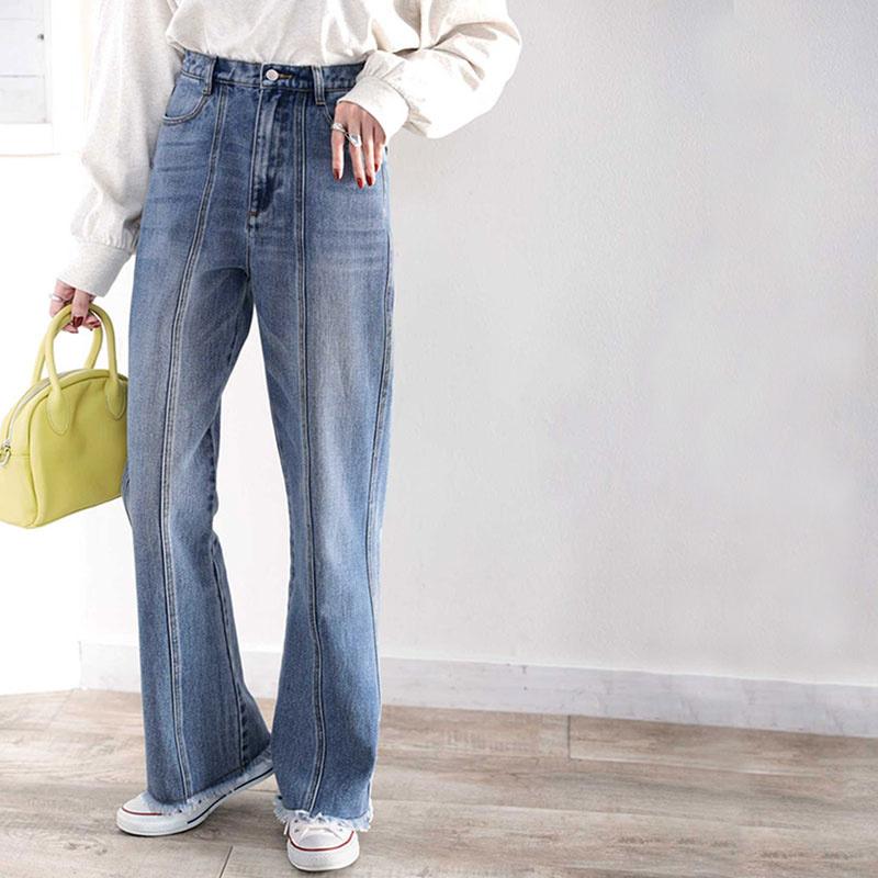 レディース ボトムス デニム パンツ 裾フリンジ セミフレア 美脚 ジーンズ 大きいサイズ 小さいサイズ ジーパン ブラック ネイビー ブルー S M L XL | classicalelf