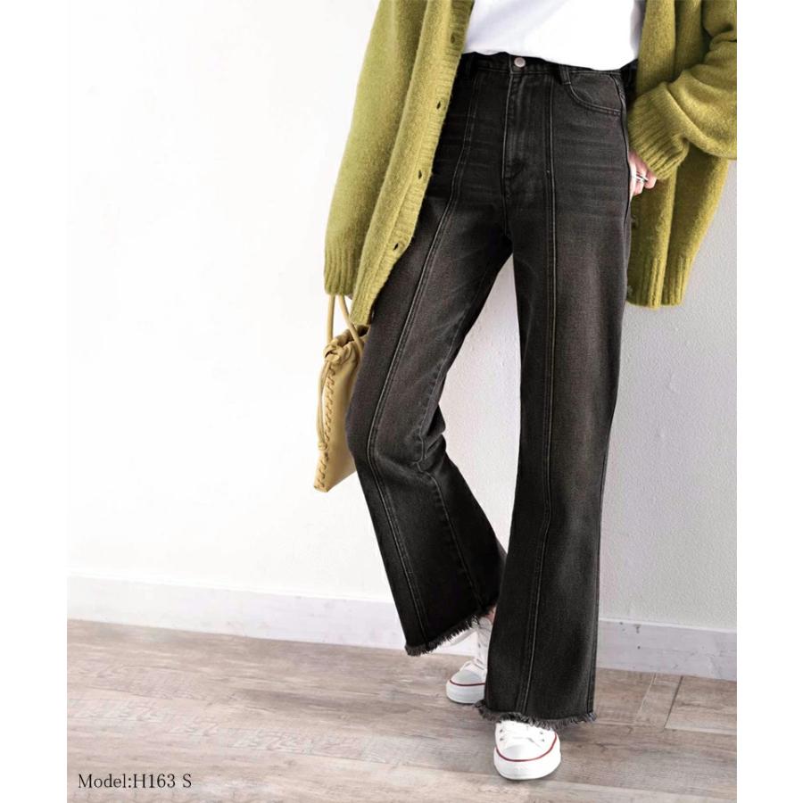 レディース ボトムス デニム パンツ 裾フリンジ セミフレア 美脚 ジーンズ 大きいサイズ 小さいサイズ ジーパン ブラック ネイビー ブルー S M L XL | classicalelf | 12