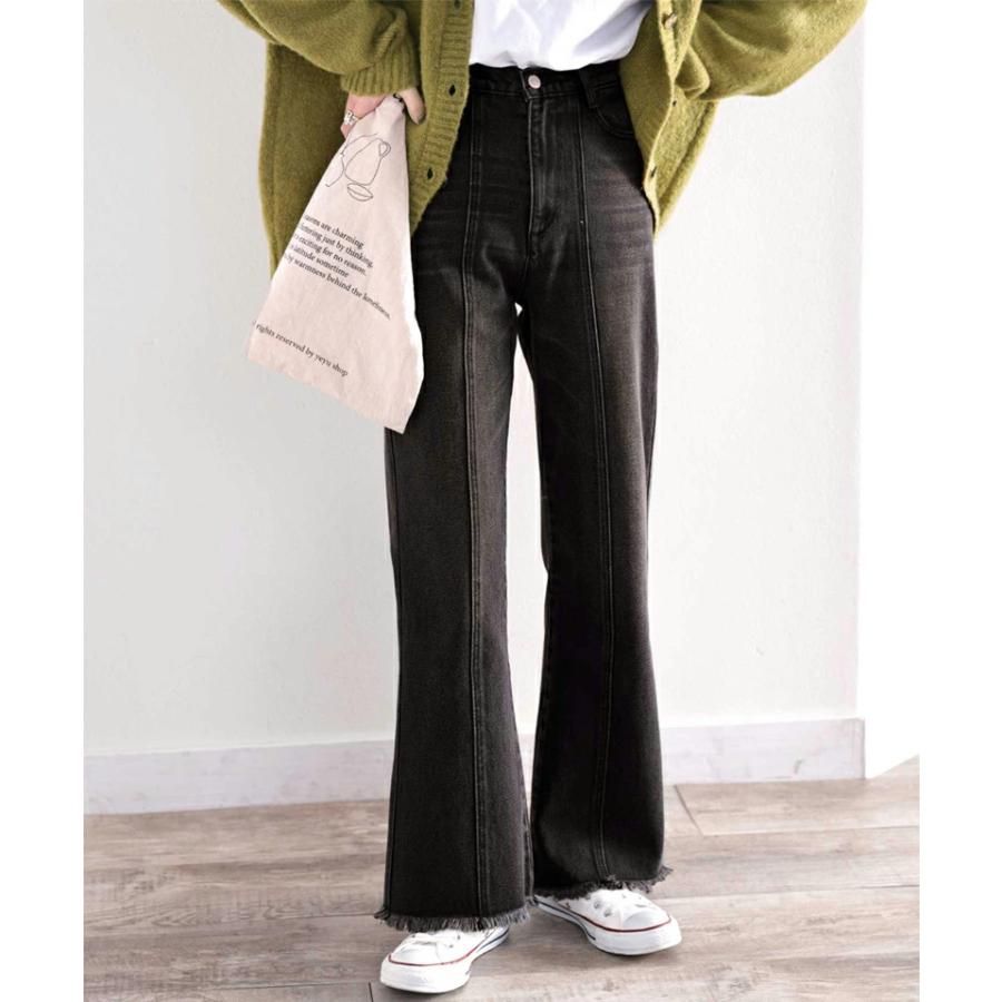 レディース ボトムス デニム パンツ 裾フリンジ セミフレア 美脚 ジーンズ 大きいサイズ 小さいサイズ ジーパン ブラック ネイビー ブルー S M L XL | classicalelf | 13