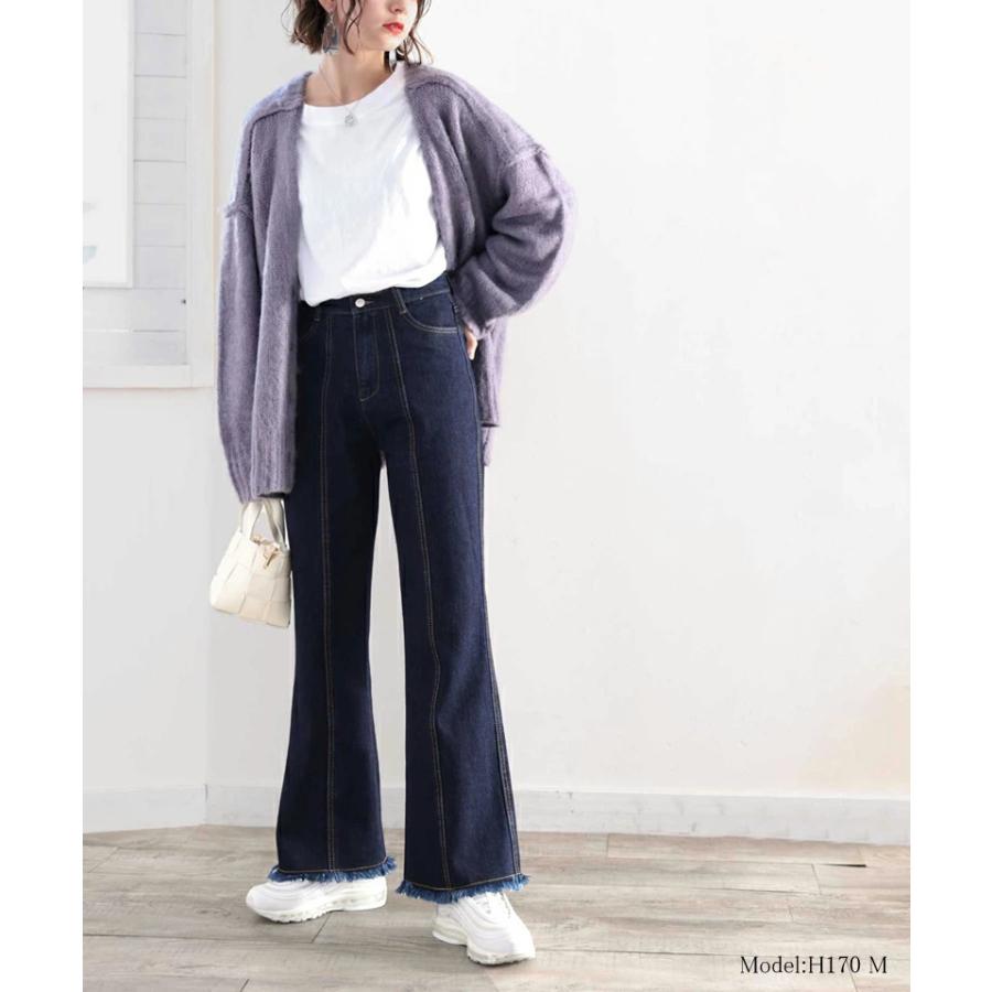 レディース ボトムス デニム パンツ 裾フリンジ セミフレア 美脚 ジーンズ 大きいサイズ 小さいサイズ ジーパン ブラック ネイビー ブルー S M L XL | classicalelf | 14
